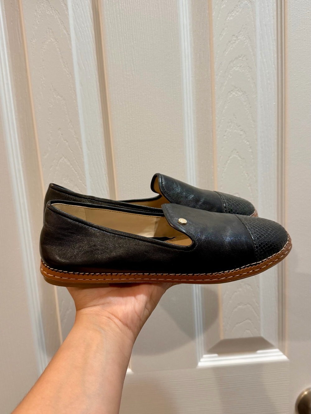 Cole Haan Black Leather Loafers with Brown Trim